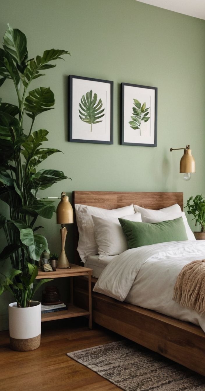 a bedroom with green walls and white bedding, potted plants on the wall