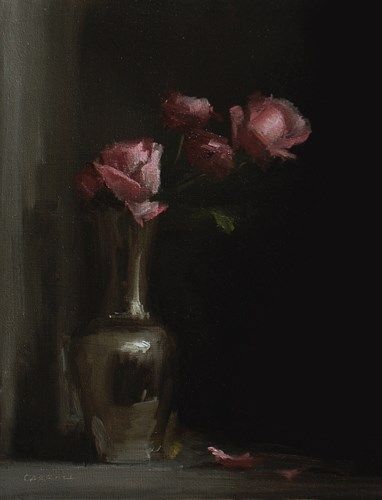 a painting of some pink roses in a vase