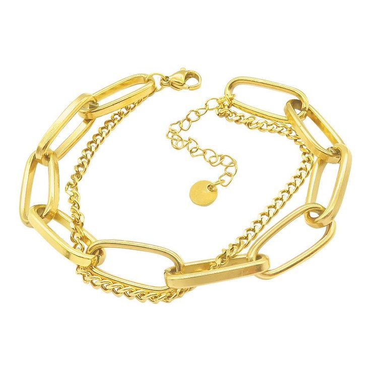 Accessorize yourself with this unique Adornia mixed chain bracelet. Accessorize yourself with this unique Adornia mixed chain bracelet. Nickel free Metal: stainless steel Length: 9 in. Packaging: pouch Plating: 14k gold Finish: polished Size: 7". Color: Yellow. Gender: female. Age Group: adult. Double Chain Link Bracelet As A Gift, Modern Double Chain Bracelet As Gift, Gold Double Chain Metal Bracelet, Gold Metal Chain Bracelet With Double Chain, Gold Double Chain Bracelet, Gold Metal Bracelet With Double Chain, Gold Charm Bracelet With Paperclip Chain, Gold Metal Bracelets With Paperclip Chain, Double Chain Metal Bracelet