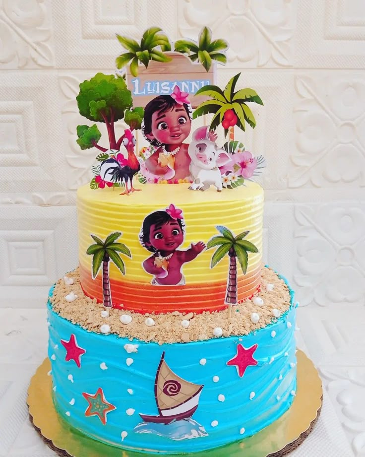 a three tiered cake decorated with cartoon characters and palm trees on the top layer