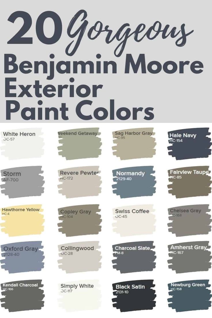 the best paint colors for interior walls and floors with text overlay that reads 20 gorgeous benjamin moore exterior paint colors