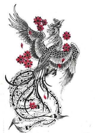 a drawing of a bird with flowers on it's tail and wings in the shape of a rooster