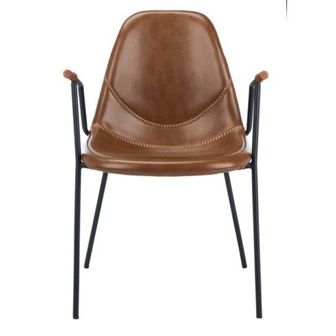 a brown leather chair with black legs and an iron frame, on a white background