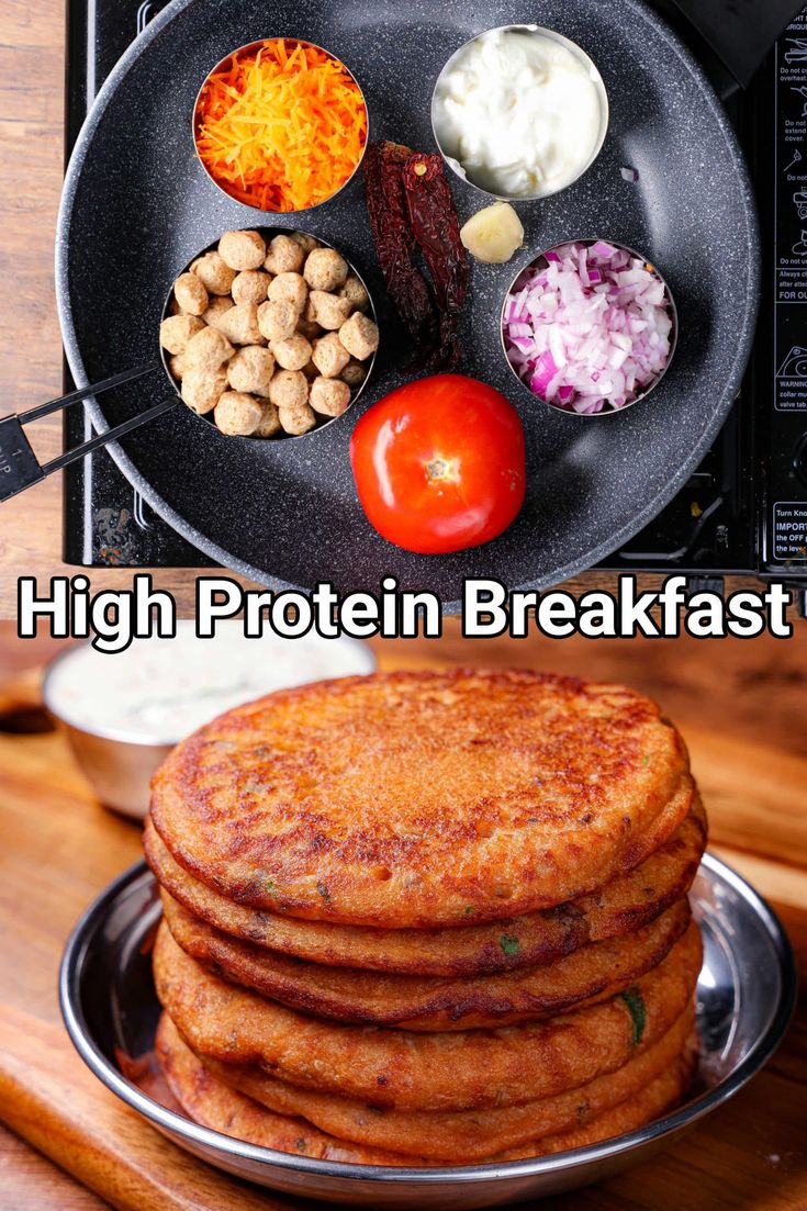 there is a plate with some food on it and the words high protein breakfast to go