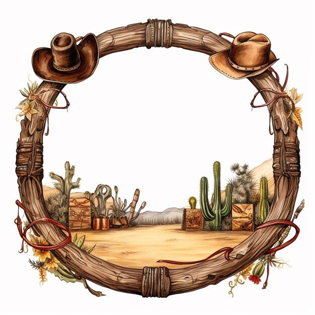 a watercolor drawing of a western frame with cowboy hats and cactuses in the background