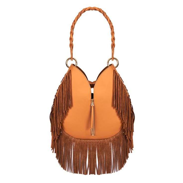 TARA FOLKS' 'Katherine' shoulder bag is instantly recognizable by the brand's signature Bohemian-inspired overlong fringing that swishes elegantly as you walk. Style it a few different ways - carry it by the braided top handle or switch that out for the gold brass stud elaborated strap to wear it cross-body. Tan Handbags, Gold Brass, Nappa Leather, Rebecca Minkoff Hobo, Leather Handle, Tassel Necklace, Top Handle, Calf Leather, Cross Body