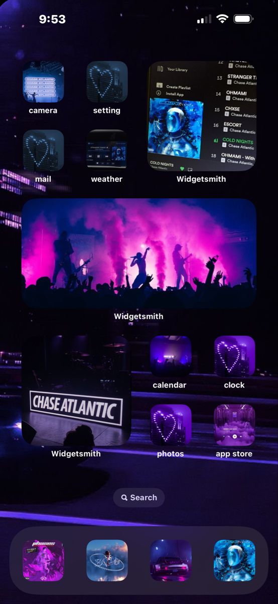 an iphone screen with purple and blue wallpapers in the background, including music