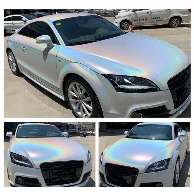 three pictures of a silver car with holographic paint