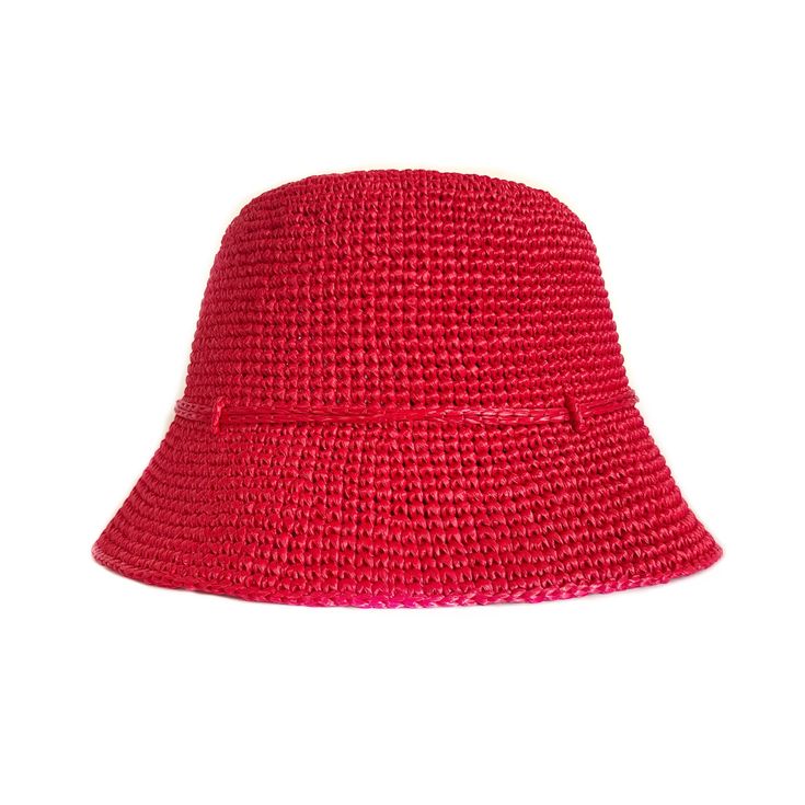 Hand knit red raffia bucket hat. It weighs next to nothing and lets cooling breezes blow through, whether you're working, trekking or kicking back at the beach. Colour: Here shown in RED. Made to order in 24 colors Composition: 100% raffia. Size:  XS - 53/54 cm   S - 55/56 cm   M - 57/58 cm   L - 59/60 cm XL - 61/62 cm Brim: 5 cm / 2 in Care: Clean with a wet sponge, then dry with a steam.  Made entirely by hand! Please note that real colors may slightly differ from their appearance on your disp Straw Bucket Hat For Summer, Casual Crochet Bucket Hat For Travel, Red Bucket Straw Hat For Vacation, Red Bucket Hat For Vacation, Red Brimmed Crochet Hat For Summer, Red Crochet Hat With Curved Brim For Summer, Red Curved Brim Crochet Hat For Summer, Straw Bucket Sun Hat, Red Bucket Hat For The Beach