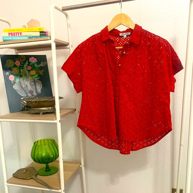 New With Tags Red Lace Madewell Blouse. Festive Red Short Sleeve Tops, Red Collared Party Blouse, Chic Red Collared Top, Chic Red Summer Shirt, Red Short Sleeve Shirt For Festive Occasions, Festive Red Short Sleeve Shirt, Red Casual Festive Shirt, Casual Red Festive Shirt, White Cotton Blouse