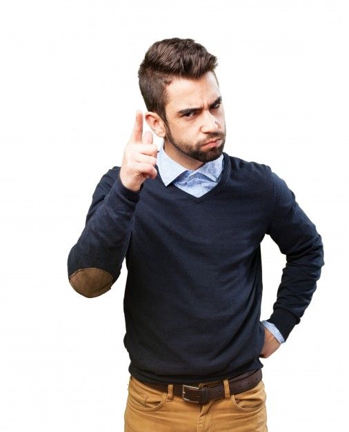 a man making the middle finger sign with his hand while standing against a white background