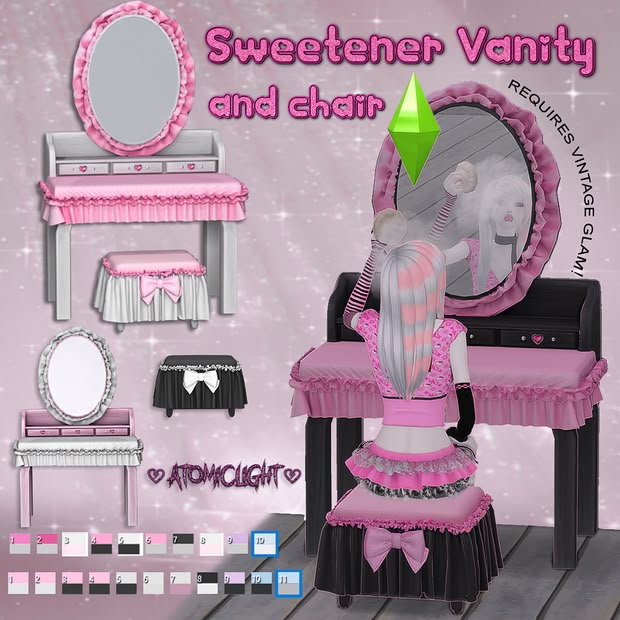 an image of a pink vanity and chair