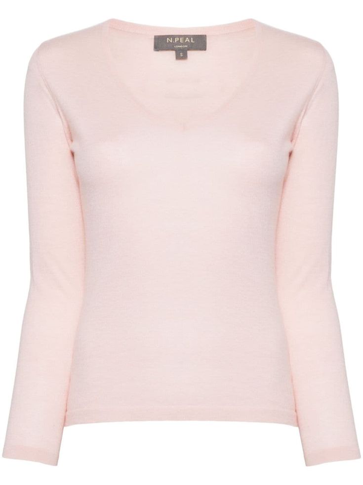 blush pink cashmere U-neck long sleeves straight hem Classic Pink Fine Knit Sweater, Classic Fine Knit Pink Sweater, Pink Cashmere Sweater For Work, Elegant Pink Winter Top, Elegant Pink Top For Winter, Pink Cashmere Tops For Spring, Pink Fine Knit Sweater For Workwear, Elegant Pink Fine Knit Sweater, Fitted Cashmere Sweater In Pink