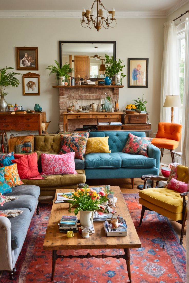 a living room filled with lots of colorful furniture