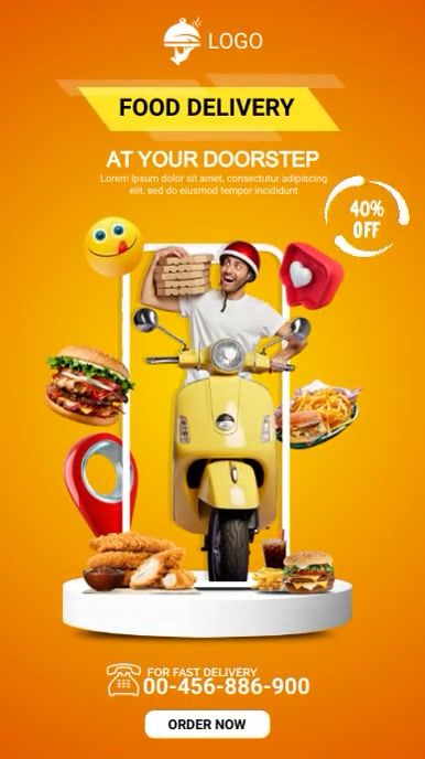 an advertisement for food delivery with a man on a moped