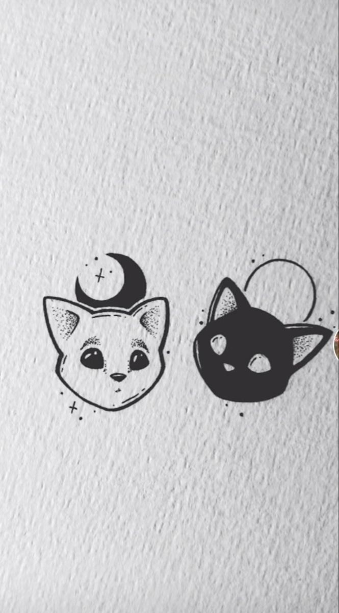 two black and white drawings of cats with crescents on their heads, one has a moon