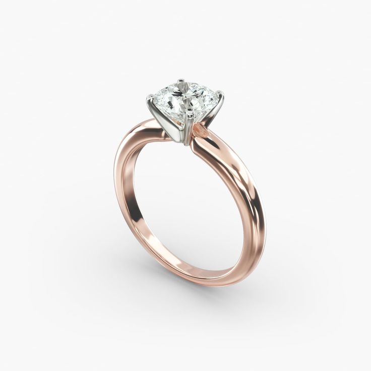 a rose gold engagement ring with a single diamond in the center, on a white background