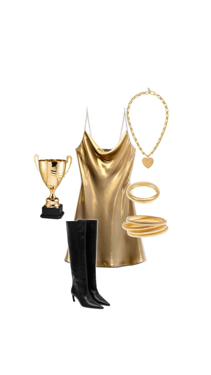 a woman's outfit with boots and jewelry