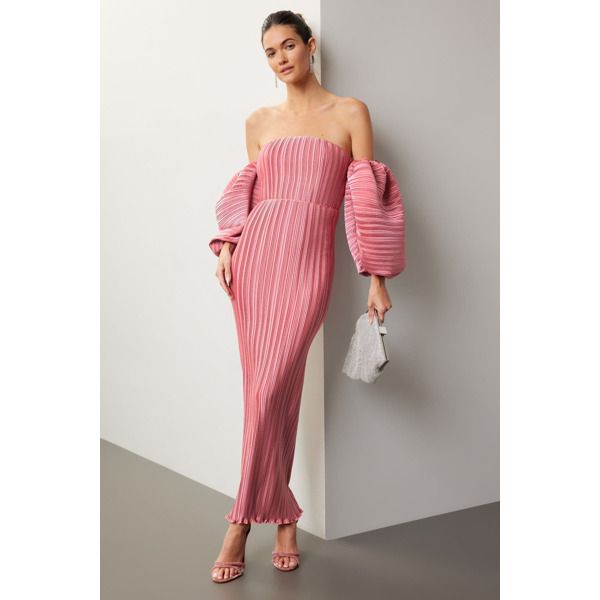 Pink (100% Polyester). Cocktail dress. Short sleeves. Strapless. Back zipper closure. 47" from bust to hemline. Imported. Off-shoulder Pleated Evening Dress, Fitted Off-shoulder Lined Maxi Dress, Spring Bodycon Off-shoulder Maxi Dress, Lined Off-shoulder Dress For Date Night, Elegant Spring Off Shoulder Dress For Dinner, Elegant Off Shoulder Dress For Spring Dinner, Lined Off-shoulder Evening Dresses, Off-shoulder Pleated Cocktail Midi Dress, Pleated Spring Cocktail Evening Dress