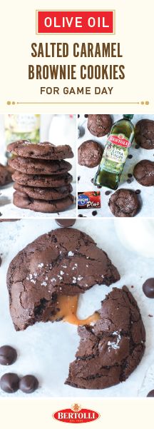 chocolate cookies with salted caramel on top and brownie cookies for game day