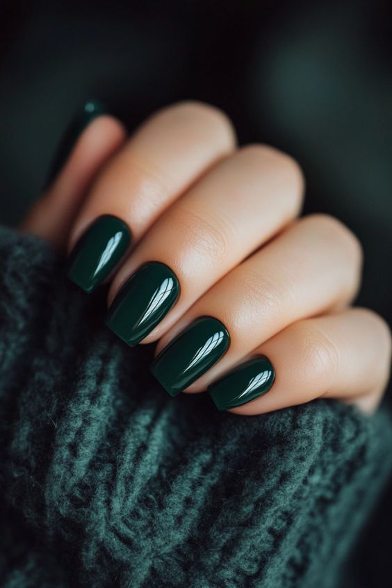 13 Stunning Dark Green Nails Perfect For Any Season Square Forest Green Nails, Dark Forest Green French Tip Nails, Emerald Green Nail Designs Short, Dark Green Squoval Nails, Fall Nails 2024 Green, Dark Nail Inspo Short, Dark Green Sns Nails, Deep Forest Green Nails, Bridesmaid Nails Emerald Green