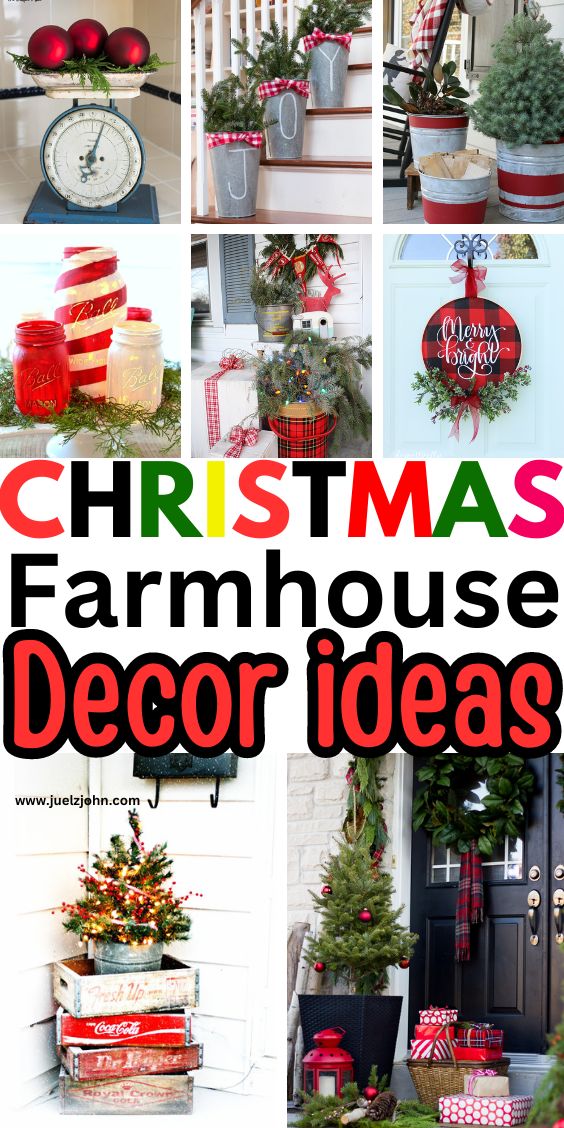 christmas farmhouse decor ideas with red and green decorations on the front porch, trees, wreaths and other holiday items