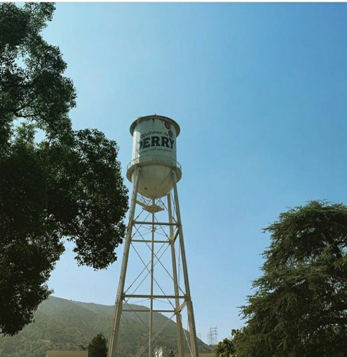 a tall water tower sitting in the middle of a park