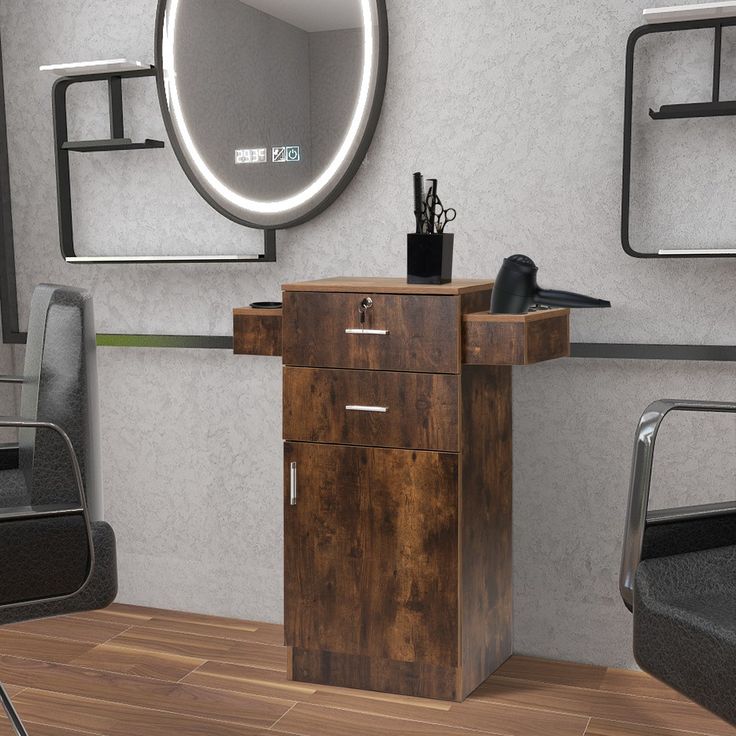 a room with a desk, mirror and chair