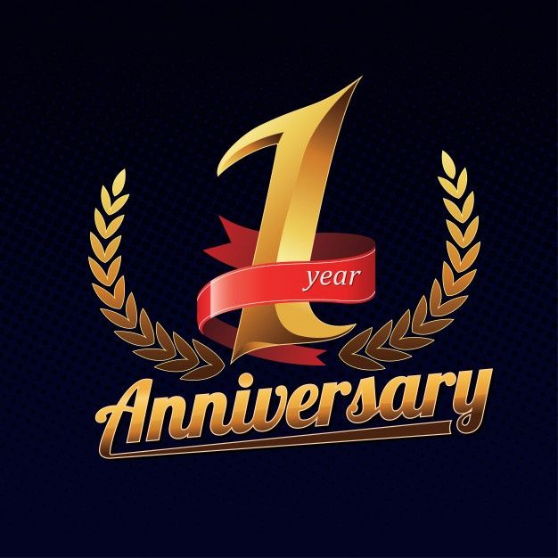 an anniversary logo with the number one in gold and red ribbon around it's edges