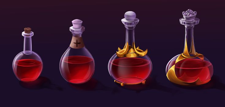 three bottles filled with red liquid next to each other on a purple background and one has a corked top