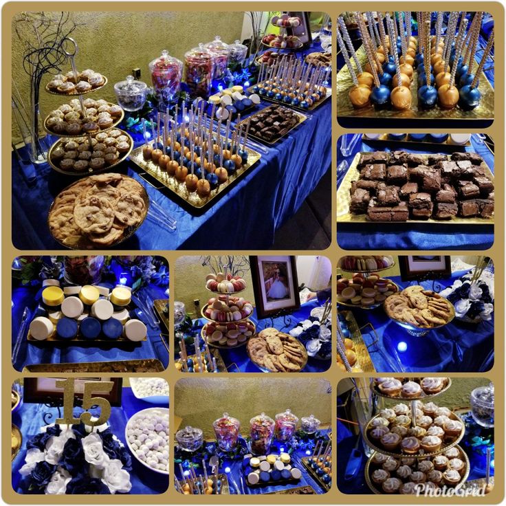 an assortment of desserts displayed on a table at a blue and gold birthday party