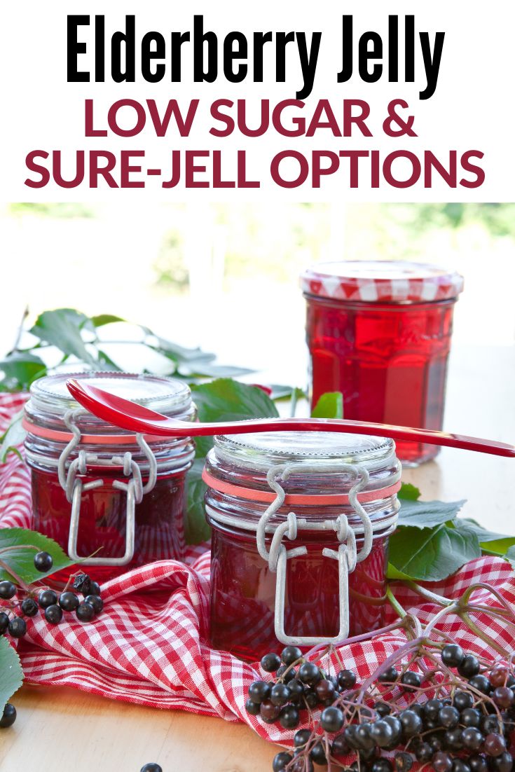 elderberry jelly in jars and berries with text overlay that reads elderberry jelly low sugar & sure - jel options