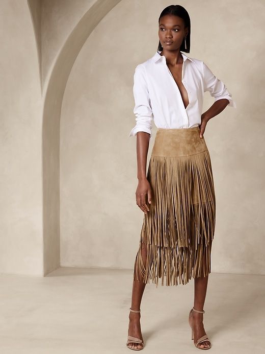 Sevilla Suede Fringe Skirt | Banana Republic Elegant Fitted Skirt With Tassels, Chic Fitted Skirt With Tassels, Chic Fringe Mini Skirt, Elegant Fringe Skirt, Elegant Fringed Skirt, Chic Fringe Skirt For Fall, Elegant Summer Bottoms With Fringe, Elegant Fringe Skirt For Fall, Fringe Skirt Outfit