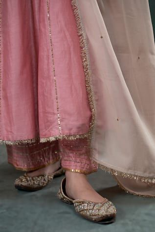 Baby pink anarkali with an embroidered neckline. Paired with a line embroidered pant and contrast fringe lace dupatta. - Aza Fashions Sequin Anarkali, Pink Anarkali, Women Kurta, Embroidered Pants, Embroidered Neckline, Pink Sequin, Set Women, Embroidered Silk, Anarkali