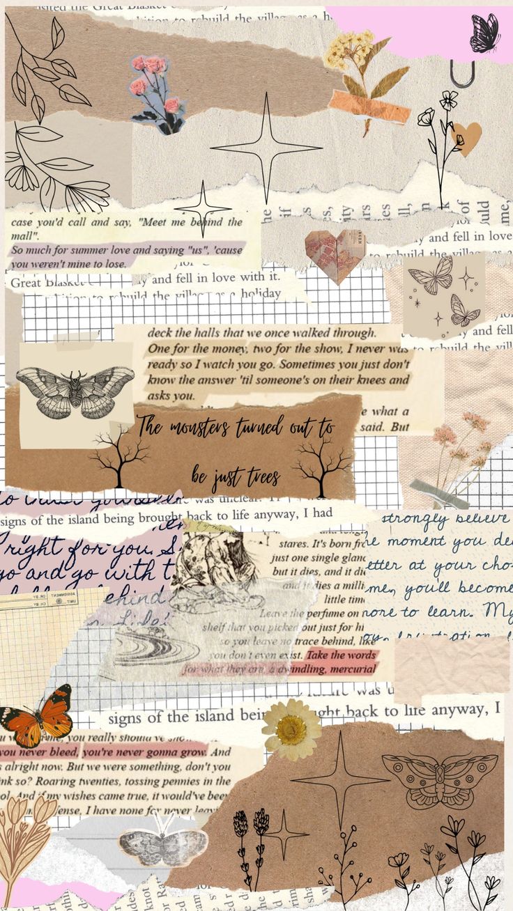 a collage of different types of papers with words and pictures on them, including flowers