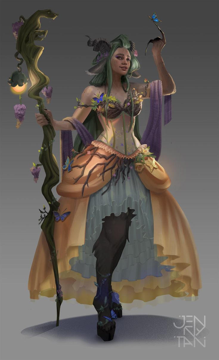 a woman with green hair holding a wand