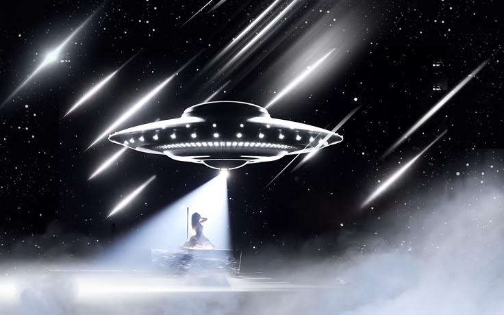 a man standing on top of a cloud under a flying saucer