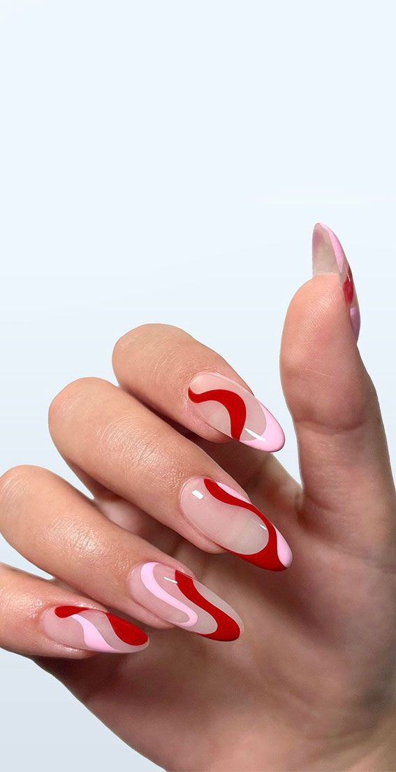 Almond Nails Designs Summer Red, Short Nail Designs Almond Shape Summer, Red Nails Ideas Aesthetic, 3 Colour Nail Designs, Nails Inspo Red And Pink, Ombre Red Pink Nails, Red Nailart Art Ideas, Red Nails Cute Design, Pink Red Fashion