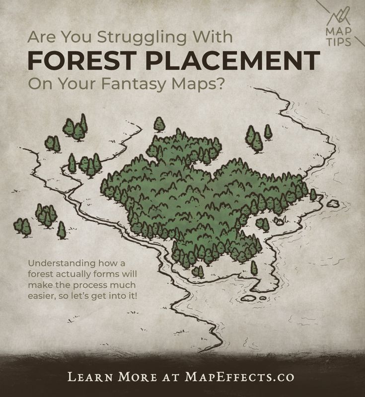 Learn how forests form so you can place them realistically on your fantasy maps. Forest Map Illustration, Map Concept Art, Rice Map, Map Effects, Forest Map, Map Sketch, Fantasy Map Making, Illustrated Maps, Map Making