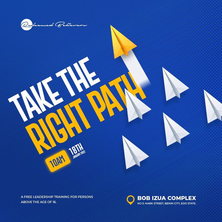 a blue and yellow poster with white origami airplanes flying in the sky, which says take the right path