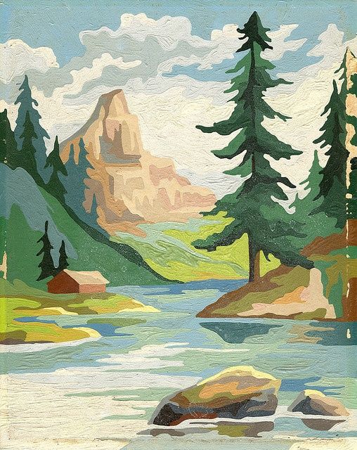 a painting of mountains, trees and water