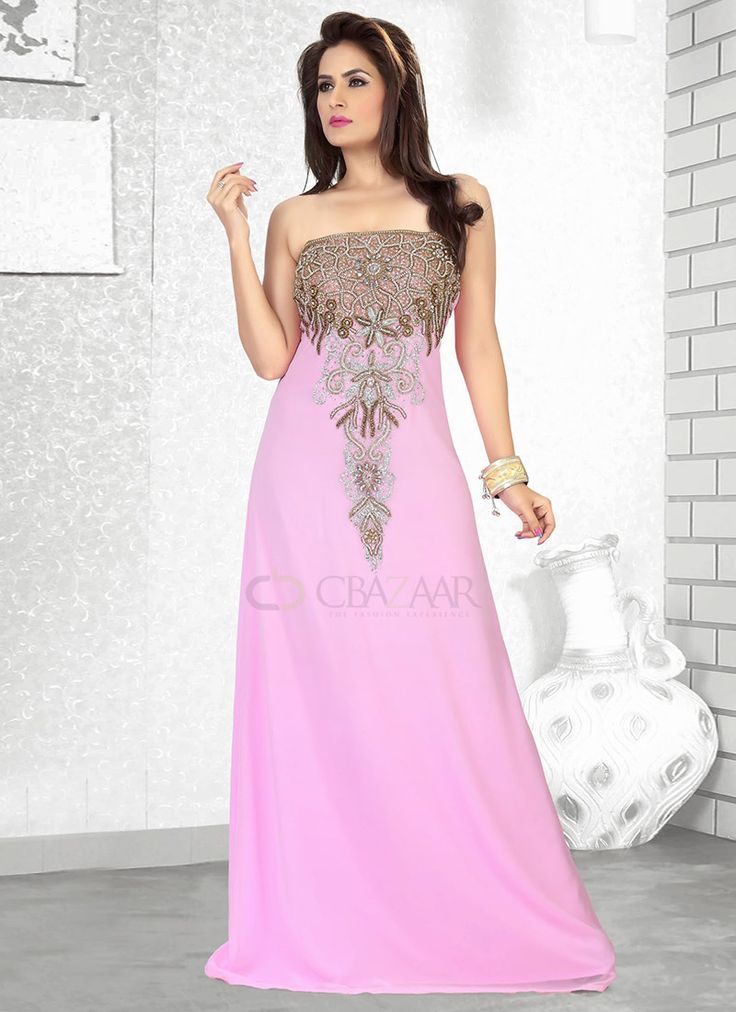 Pink Georgette Farasha Gown Gowns Online Shopping, Pink Evening Gowns, Modest Evening Dress, Baby Pink Color, Eid Outfits, Baby Pink Colour, Eid Dresses, Gowns Online, African Print Fabric