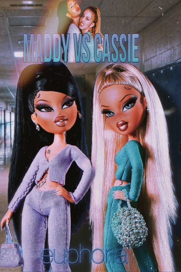 two barbie dolls are standing next to each other in front of a sign that says maddy vs casssie