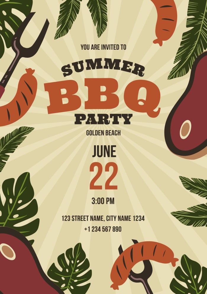 a bbq party flyer with vegetables and sausages on the front, in shades of brown