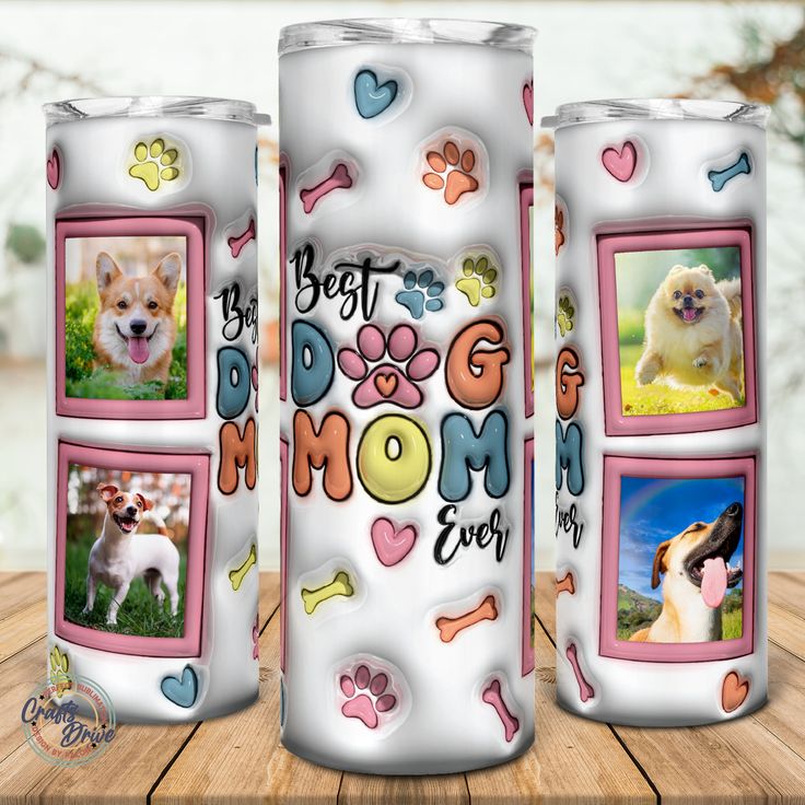 two white cans with pictures of dogs and their names on them are sitting on a wooden table