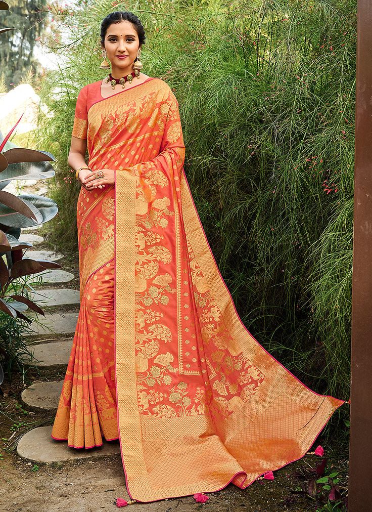 Tangerine Silk Saree With Blouse Latest Indian Saree, Orange Saree, Designer Silk Sarees, Designer Sarees Online, Wear Saree, Coral Orange, Designer Saree, Traditional Sarees, Indian Ethnic Wear