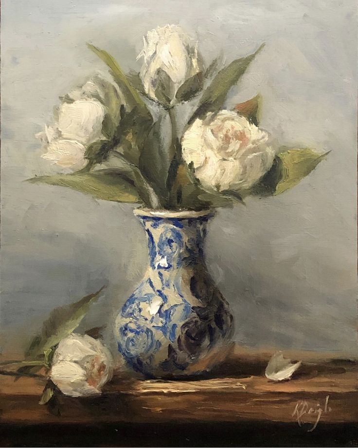 a painting of white flowers in a blue and white vase