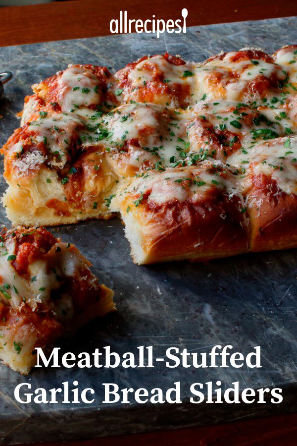 meatball - stuffed garlic bread sliders on a slate platter with text overlay that reads, meatball - stuffed garlic bread sliders