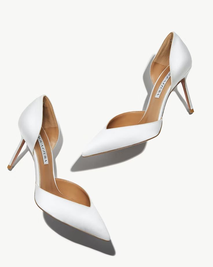 Uptown Pump 85 Aquazzura@ Official White Satin Wedding Shoes For Formal Occasions, Formal White Satin Wedding Shoes, Low Heel Satin Heels, Satin Heels With Low Heel, Fitted Satin Heels With Low Heel, Fitted Satin Low Heel Shoes, White Satin Ankle Strap Heels, White Satin Wedding Shoes With Pointed Toe, Elegant White Satin Wedding Shoes