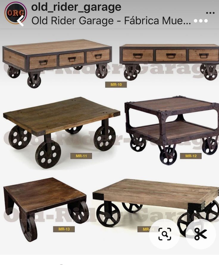 an old - style coffee table with wheels and drawers is shown in four different styles